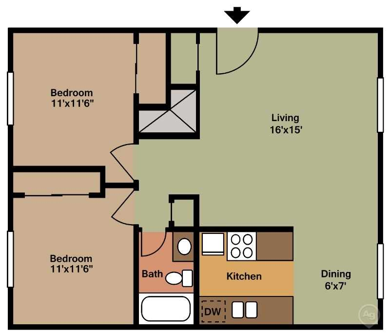 Floor plan for 2 beds, 1 bath, 850 sqft